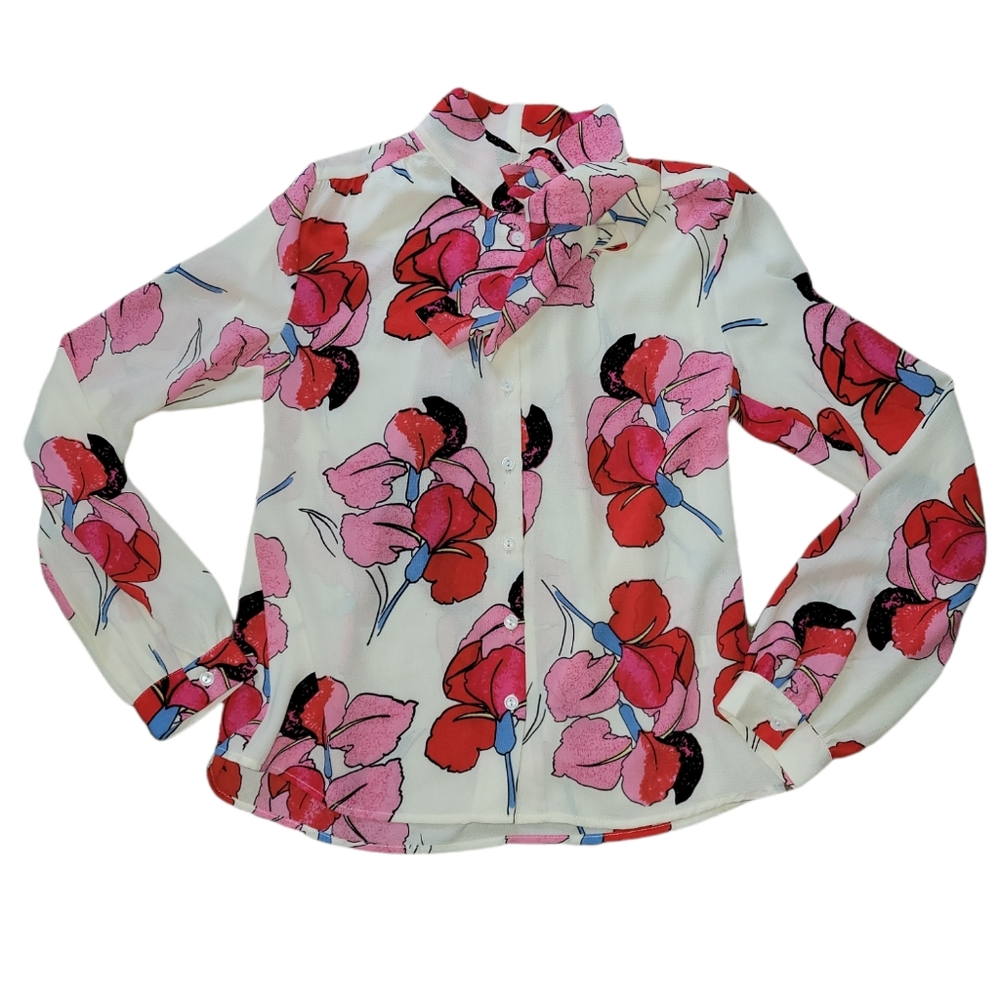 The Moon Boutique Floral Tie-Neck Vintage Inspired Blouse sz S
